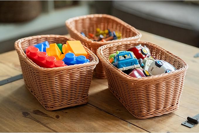 Set of 3 Rectangular Plastic Woven Storage Baskets, Organization Bins for Classroom, Home Decor, or Office Use, 11" x 7" x 5"