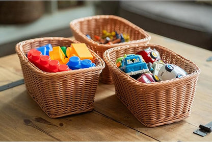 Set of 3 Rectangular Plastic Woven Storage Baskets, Organization Bins for Classroom, Home Decor, or Office Use, 11" x 7" x 5"