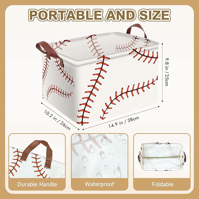 Baseball Decor Storage Basket Waterproof Canvas Toy Storage Bin Baseball Room Decor Collapsible Outdoor Basket with Leather Handles Blanket Baskets For Closets,Bedrooms,Gifts Baskets