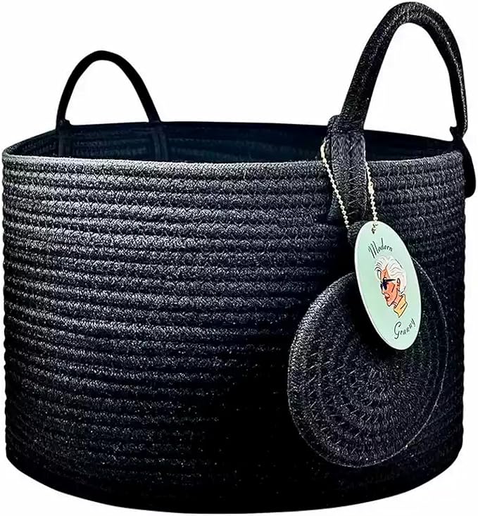 Modern Granny Small Cotton Rope Laundry Basket 16x10 Inch Dual Secure Woven Handle for Living Room Closet Clothes Blanket Organization