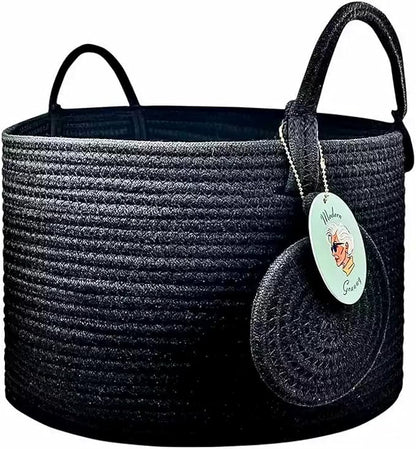 Modern Granny Small Cotton Rope Laundry Basket 16x10 Inch Dual Secure Woven Handle for Living Room Closet Clothes Blanket Organization