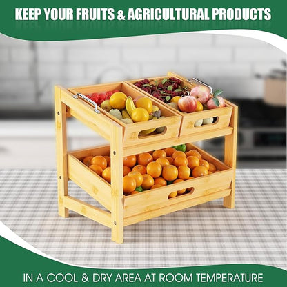 2-Tier Stackable Can Rack Organizer for Pantry, Fruit Basket, 2 Tier Bamboo Fruits Basket Stand for Kitchen Countertop, Tray Suitable for Bread, Vegetables, Produce