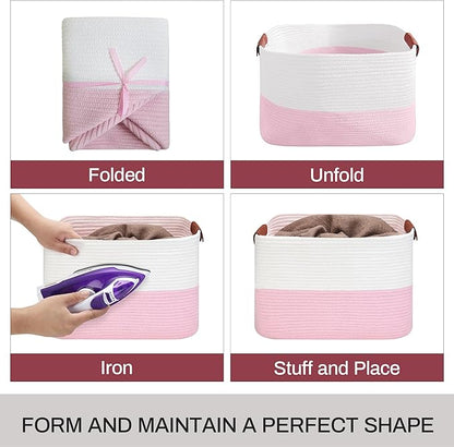 Large Cotton Rope Storage Basket with Leather Handles, Laundry Hamper Basket, 20 "L x 14" W x 12 "H, Durable & Stylish Organizer for Home.(Large Pink)