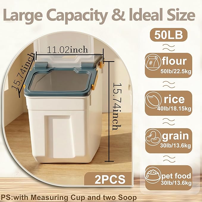 RUIAN 2Pcs Large Flour Storage Container Bin 50Lb Airtight Rice Storage Containers with Wheels Seal Locking Lid, BPA Free with Measuring Cup&Scoop for Flour, Rice, Grain 100LBS Total (Blue)