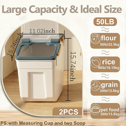 RUIAN 2Pcs Large Flour Storage Container Bin 50Lb Airtight Rice Storage Containers with Wheels Seal Locking Lid, BPA Free with Measuring Cup&Scoop for Flour, Rice, Grain 100LBS Total (Blue)