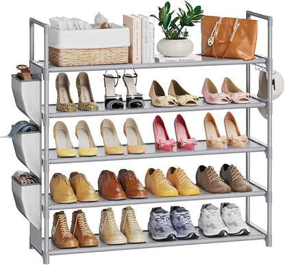 VILICK Shoe Rack for Closet Shoe Organizer Space Saver Storage for 20-25 Pair Shoe Shelf with Hook and Side Pocket Free Standing 5 Tier Shoe Rack Organizer for Entryway,Small Spaces, Grey