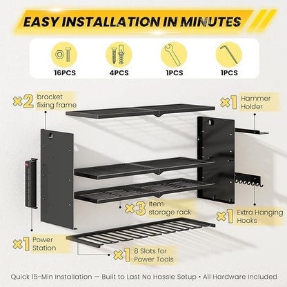 Hipidian Adjustable Power Tool Organizer Wall Mount with Charging Station - 650lb Capacity 4 Layer Heavy Duty Storage Rack with 8 Drill Holders for Garage Workshop Tools, Gifts for Men