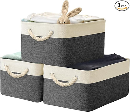 Simple Houseware 15.7" x 12" Wide & Low Fabric Storage Bin for Shallow Gaps and Closet, Braided Handles, 3 Pack, Dark Gray