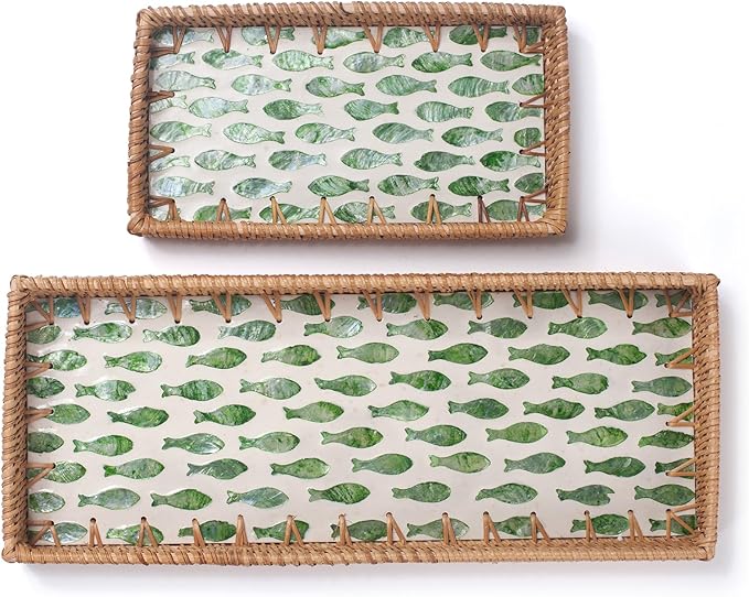 2 Pack Rattan Bathroom Vanity Tray with Mother of Pearl Inlay, Toilet Tank Tray, Toilet Basket Tank Topper, Bathroom Basket for Organizing and Decor (Green Fish)