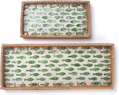2 Pack Rattan Bathroom Vanity Tray with Mother of Pearl Inlay, Toilet Tank Tray, Toilet Basket Tank Topper, Bathroom Basket for Organizing and Decor (Green Fish)
