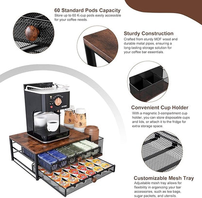 Coffee Bar Organizer, 60 Capacity K Cup Organizer for Countertop, 2 Tier Sliding Coffee Pod Storage Drawer with Disposable Cup & Lid Holder, Black