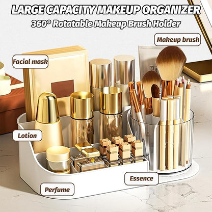 DASITON Large Capacity Makeup Organizer with 360° Rotating Makeup Brush Holder, Perfume and Skincare Storage Organizers for Vanity Bathroom Countertop, Cosmetic Display Case (White, 1 Tier)