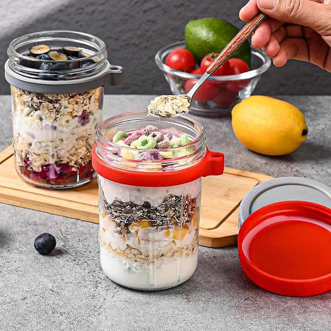 Xileanalee 6 Pack Overnight Oats Containers with Lids and Spoons-18 Oz Overnight Oats Jars Mason Jars for Chia Pudding Cereal Fruit Vegetable Milk Salad Yogurt Meal Prep