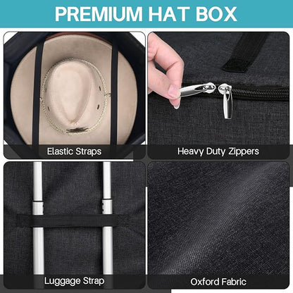 SLEEPING LAMB Hat Box for Travel and Storage, Collapsible Cowboy Cap Organizer for Closet with Handles, Hat Boxes for Men and Women Storage Large Cap Case Carrier with Cardbord, Black