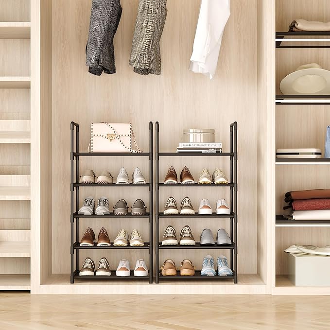 5-Tier Shoe Rack with Handrails, Stackable Narrow Shoe Storage for Entryway, 17.5" W x 11.4" D x 35.4" H, Space Saving Small Shoe Stand for Closet Hallway Dorm, Multi-Functional Shelf(Black)