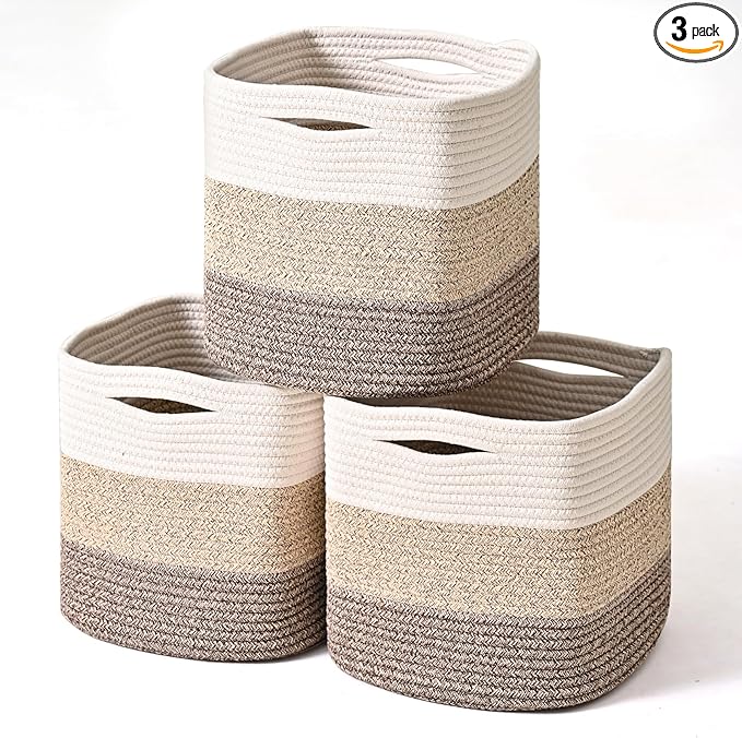 11 Inch Cube Storage Bins, Organizing Bins for Cube Organizer, Storage Baskets for Organizing, Woven Storage Basket for Shelves, Cotton Rope Baskets for Storage, Gradient Brown (Pack of 3)