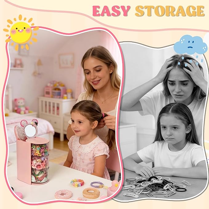 Azurphoric Hair Accessories Organizer with Hair Brush Holder, Rotatable Makeup Brush Holder for Necklaces, Earring, Bracelet, Ring, Makeup Brushes, Hair Clip and Hair Accessories (Pink, 3-Layer)