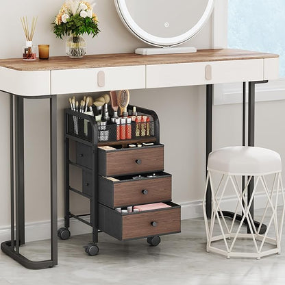SWTYMIKI Rolling Makeup Organizer Cart - Under Desk Vanity Makeup Storage with 3 Non-woven Drawers, Nail Cart Organizer Cosmetic Display Cases Cabinet for Skin Care Perfume Nail Polish Brush Hair Tool