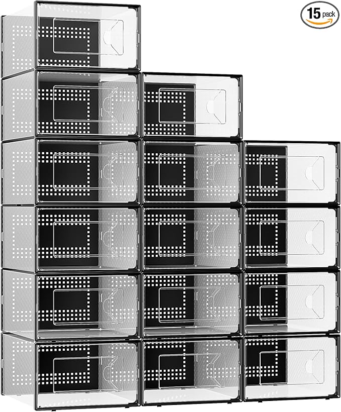 Foluck X-Large Shoe Storage Box, 15 Pack Clear Plastic Stackable Shoe Organizer for Closet, Interlocking Design Shoe Container Bins for Sneakers, Foldable Shoe Rack with Lids, Black