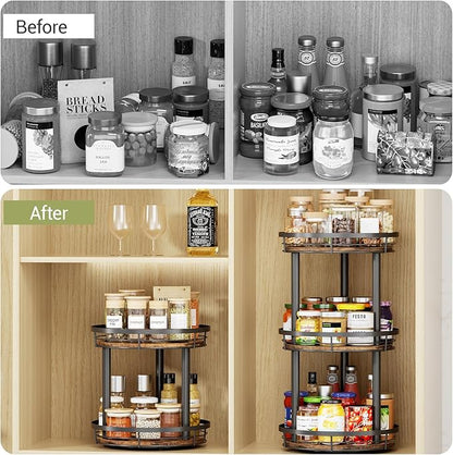 LAMU 12'' Wood Lazy Susan Spice Rack Organizer, 2 Tier Spice Organization for Cabinet, Countertop, Kitchen, Table Top, Pantry, Condiment and Seasoning Rack Organizer