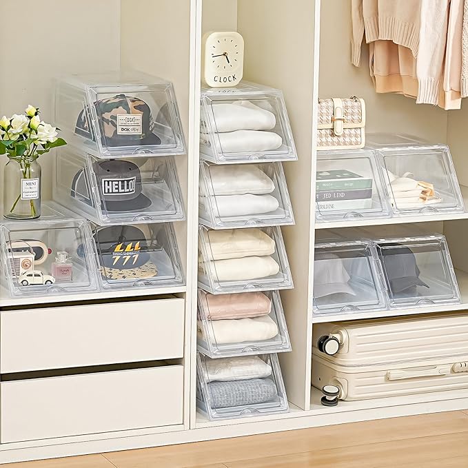 Amllas 2 Pack Stackable Hat Organizer for Baseball Caps, Large Clear Hat Holder with Sliding Drawer, Hat Storage Box with Door, Baseball Cap Organizer