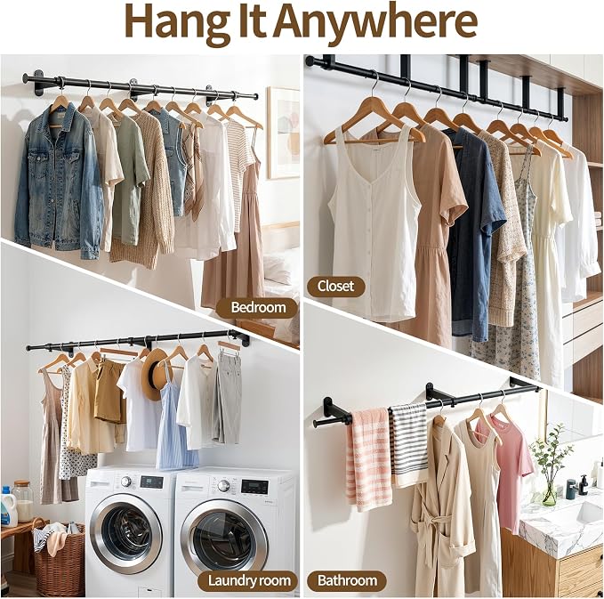 Luxspire Wall Mounted Clothes Rack, Industrial Pipe Clothing Rack, 41" Heavy Duty Extendable Iron Garment Bar, Multi-Purpose Hanging Rods for Clothes Bedroom, Laundry Room, Closet 2 Pack, Black