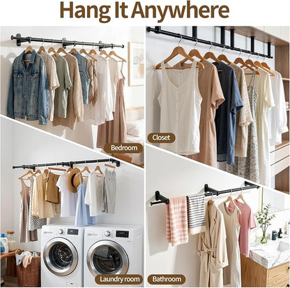 Luxspire Wall Mounted Clothes Rack, Industrial Pipe Clothing Rack, 41" Heavy Duty Extendable Iron Garment Bar, Multi-Purpose Hanging Rods for Clothes Bedroom, Laundry Room, Closet 2 Pack, Black