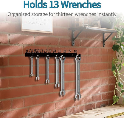 Metal Wrench Organizer, Wall-Mounted Storage Rack for Wrenches, Gift for Professional Mechanics, Sturdy Metal Rack, Combination Wrench Organizer for Wall, Holder for 13 wrenches（Fits 6mm to 18mm）