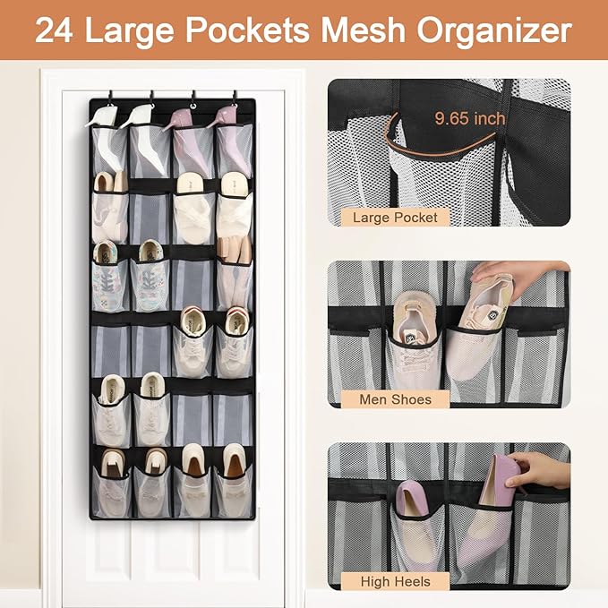 FENTEC 24 Large Pockets Over Door Shoe Organizer, Mesh Hanging Shoe Organizer for Closet Mesh Closet Holder, Back of Door Organizer for Cruise Ships, Rack for Wall, Black, 1 Pack