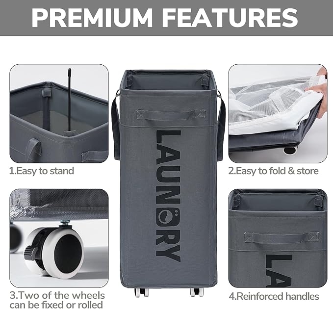 Goodpick Laundry Basket with Wheels, Laundry Hamper with Removable Wash Bag, Clothes Hamper, Rolling Laundry Basket, Dorm Room Essentials, 75L, Grey