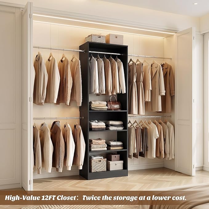 12FT Large Open Closet System, 138'' Wall-Mounted Closet Shelving with 5 Hanging Rods and 6 Shelves, Customizable Wardrobe for Walk-In Closets, Fits 5–12FT Spaces, Black