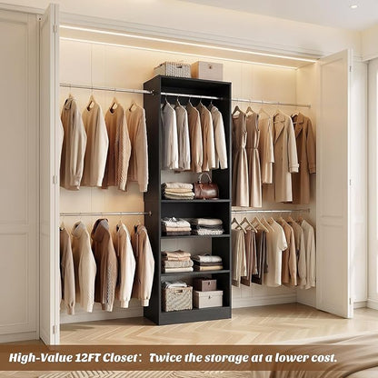 12FT Large Open Closet System, 138'' Wall-Mounted Closet Shelving with 5 Hanging Rods and 6 Shelves, Customizable Wardrobe for Walk-In Closets, Fits 5–12FT Spaces, Black