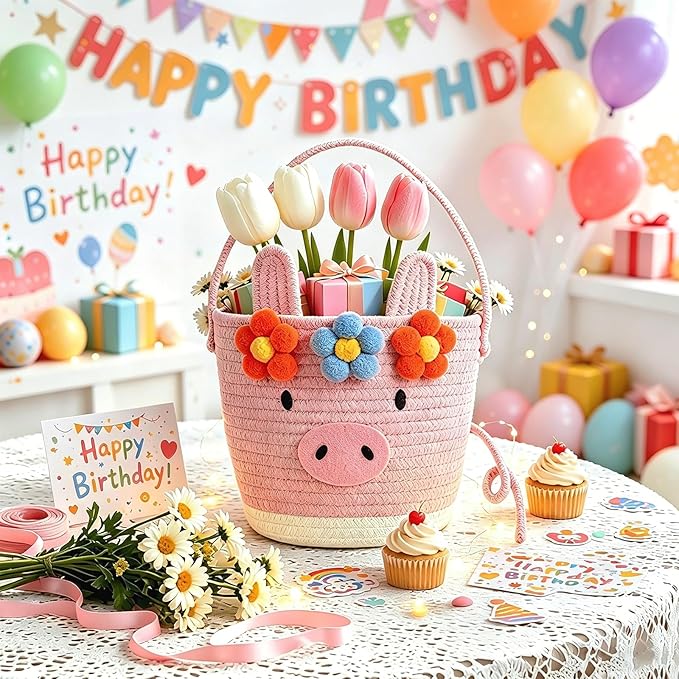 Small Woven Storage Basket with Handle, Cute Cartoon Pig Baskets for Gift Empty, Cotton Rope Storage Basket for Toy Organizer