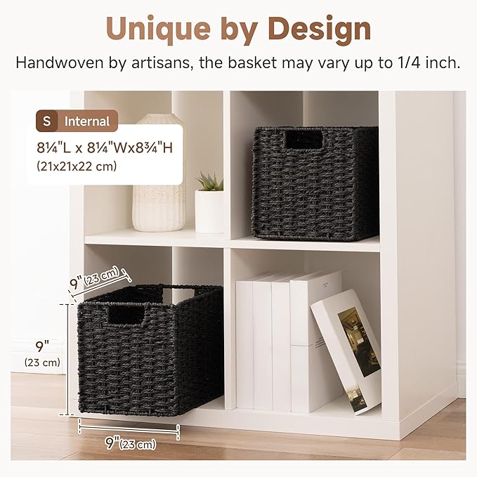 StorageWorks 9 inch Wicker Storage Cubes, Handwoven Wicker Baskets for Storage, Square Cube Basket, Foldable Paper Rope Basket for Organizing, Black, 2 Pack