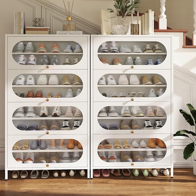 Foreate 8-Tier Tall Shoe Storage Cabinet with 4 Flip-Up Doors & Removable Shelves, 54” Metal Cabinet Shoe Rack Organizer for 24-32 Pair Shoes, Freestanding Modern Entryway Shoe Cabinet, PC Door