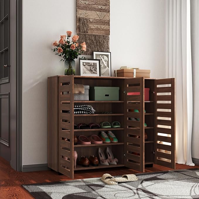 Shoe Cabinet, 5-Tier Shoe Storage Cabinet with Adjustable Shelves, Wooden Shoe Rack Organizer with Louvered Doors for Entryway, Hallway, Bedroom, Living Room