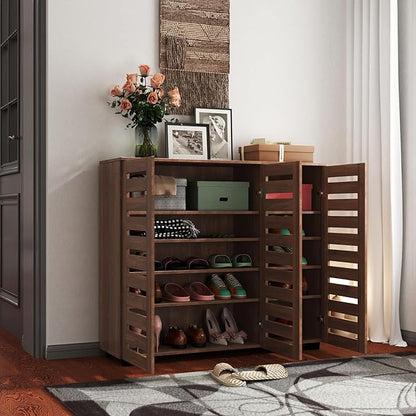 Shoe Cabinet, 5-Tier Shoe Storage Cabinet with Adjustable Shelves, Wooden Shoe Rack Organizer with Louvered Doors for Entryway, Hallway, Bedroom, Living Room
