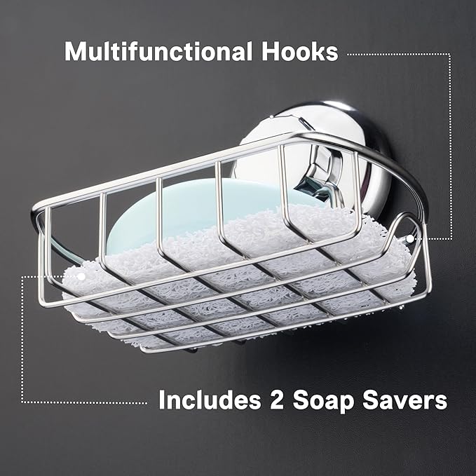 HASKO 2-Pack Suction Cup Soap Holder – Bar Soap Dish for Shower with Hooks for Bathroom – Optional Mounting with Adhesive Tape or Glue – Includes 2 Soap Savers – Polished Stainless Steel SS304