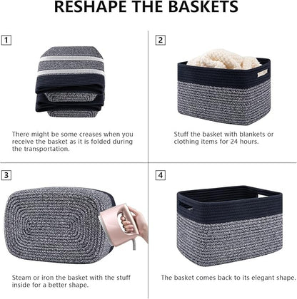 4 Pack Storage Baskets for Organizing, Woven Baskets for Shelves - Perfect for Toys, Books, Towels, and Clothes, Durable Gift Basket Bins Toy Storage, 12.7''L x9''W x7.8''H, Blue and Grey
