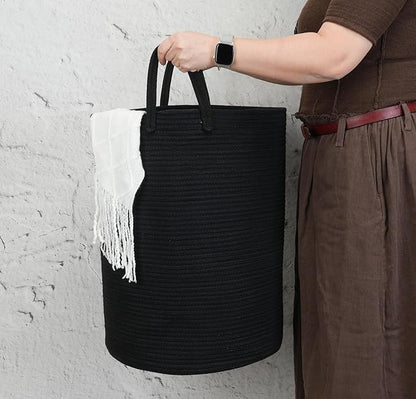 Woven Cotton Rope Laundry basket-16”X22” Laundry Hamper-Rope Storage Basket for Dirty Clothes, Toys and Blankets Perfect for Bathroom, Baby nursery and Living Room Storage (black, Large)