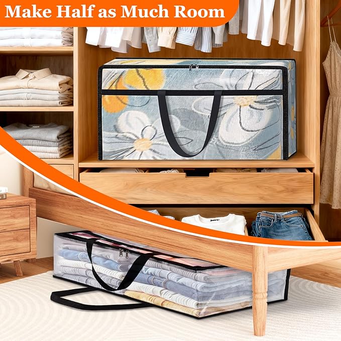 TasticTotes 4 Pack Long Clear Storage Bags for Comforter, Clothes & Bedding, Plastic Blanket Storage with Zipper and Handle, Moving Bags, Closet Organizer and Under-Bed Storage (90L, 39.4"*7.1"*19.7")