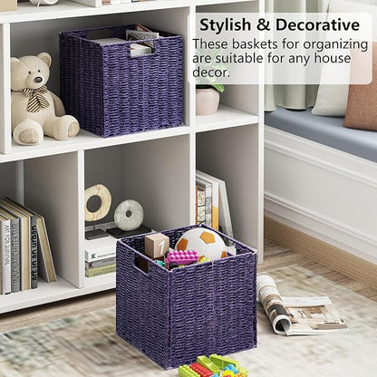 Vagusicc Wicker Storage Basket, Set of 2 Hand-Woven Wicker Basket, 11 inch Storage Basket, Foldable Cube Storage Organizer Bins, Storage Baskets for Organizing Shelves Decor, Purple (11″×11″×11″)
