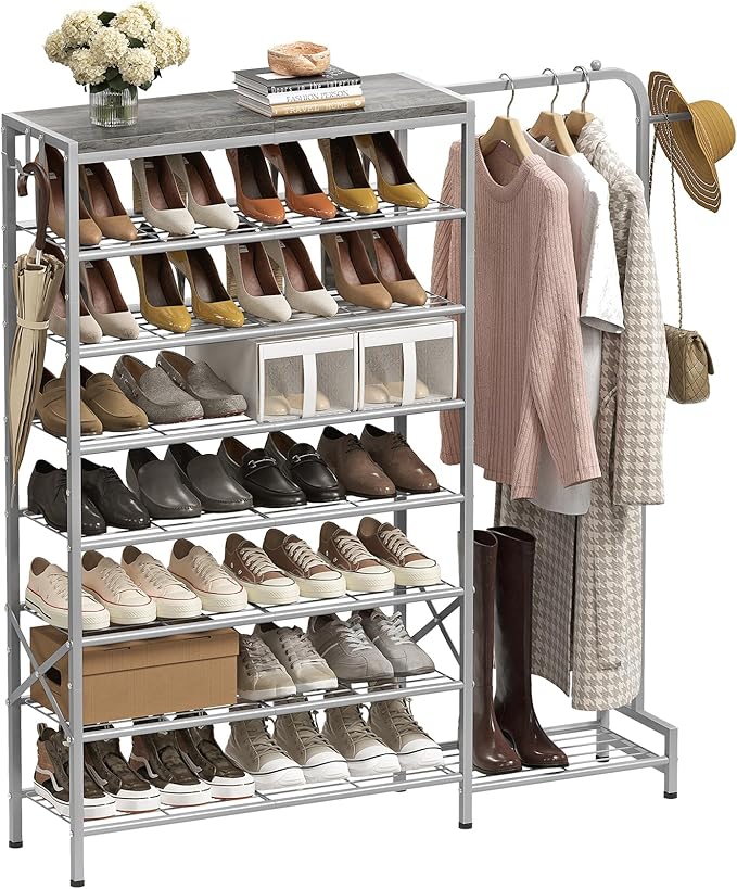 Shoe Rack with Coat Rack, 8 Tier Tall Shoe Storage Organizer with Hooks, 3-in-1, Wooden Top Shelf, Sturdy Frame, Metal Clothes Hanger Stand for Entryway, Closet, Silver