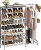 Shoe Rack with Coat Rack, 8 Tier Tall Shoe Storage Organizer with Hooks, 3-in-1, Wooden Top Shelf, Sturdy Frame, Metal Clothes Hanger Stand for Entryway, Closet, Silver