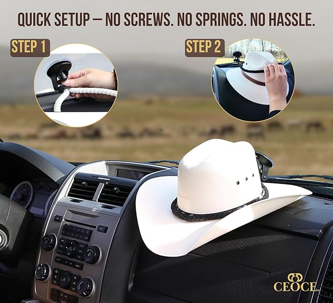 Car Cowboy Hat Holder for Truck – Easy-to-Use, Cotton Rope, Strong Suction Car Hat Holder Cowboy, Western Style – Keeps Gear Safe from Damage. (3-Pack)