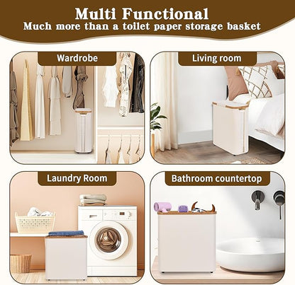 Toilet Paper Storage Basket with Lid - The Ultimate Bathroom Organizer, Free Standing Toilet Paper Holder for Up to 12 Mega Rolls, Toilet Tissue Storage Bin with Handle for RV Closet, Beige