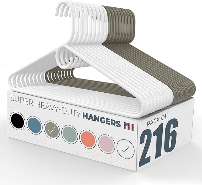 Super Heavy Duty Clothes Hangers 100+ Pack (216 Count) - Made in The USA - 10lb Capacity, Thick Plastic Hangers for Pants, Coats, Jackets, Jeans and Adult Clothing - White & Gray