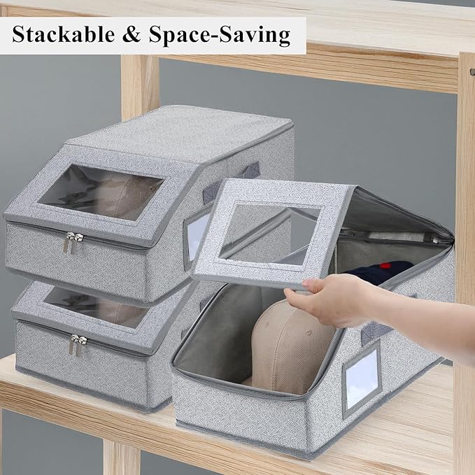 3 Pack Stackable Hat Organizer for Baseball Caps – Holds Up to 36 Caps, Foldable & Portable with Handles, Dust-Proof Fabric Storage Box with Clear Window, Space-Saving Grey Closet Organizer
