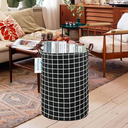 Laundry Basket Canvas Fabric Collapsible Organizer Basket for Storage Bin Toy Bins Gift Baskets Bedroom Clothes Children Nursery Hamper (Black Grid)