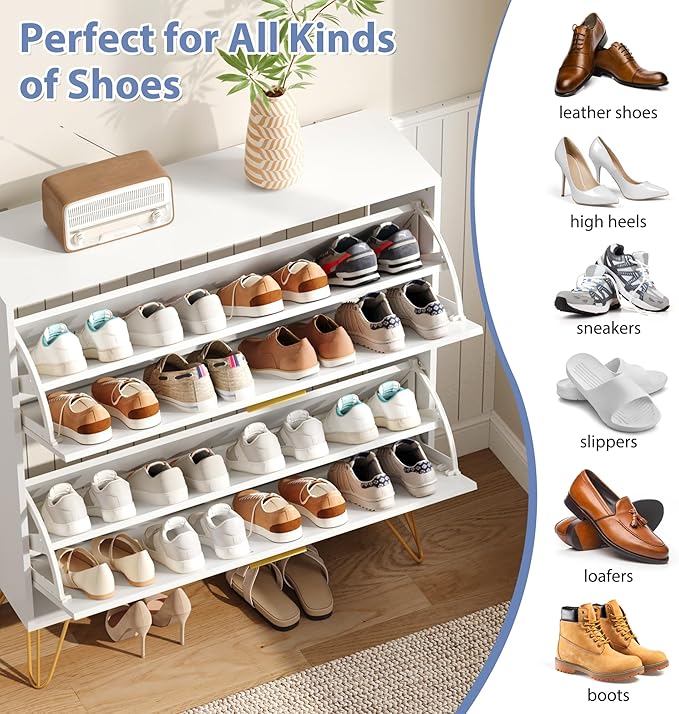 Shoe Cabinet with 2 Flip Drawers, Shoe Storage Cabinet Entryway Slim, White and Gold Narrow Shoe Cabinet w/Metal Legs, Hidden Freestanding Shoe Rack Organizer for Entryway, White